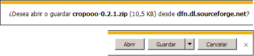 Aviso del navegador que pregunta si se desea abrir o guardar cropooo-0.2.1.zip, con los botones Abrir, Guardar y Cancelar