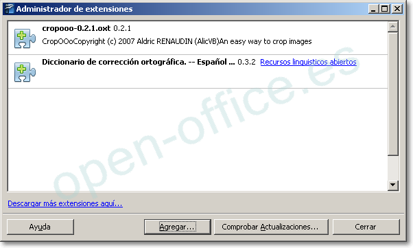 LanguageTool para OpenOffice Administrador de extensiones con el botón Agregar señalado, junto a las extensiones cropooo y el diccionario ortográfico de español
