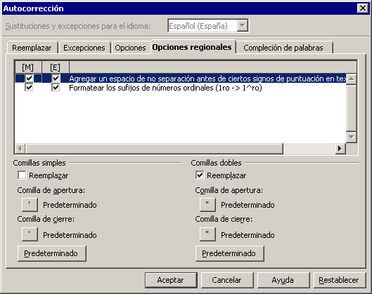 Pestaña Opciones regionales del diálogo Opciones de autocorrección con la configuración de comillas simples y dobles