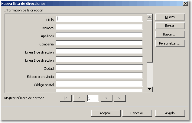 Diálogo Crear lista de direcciones con campos como título, nombre, apellidos, compañía y dirección
