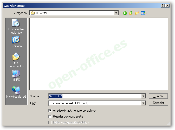 Diálogo Guardar como de Writer con el nombre del archivo y el tipo Documento de texto ODF (.odt)