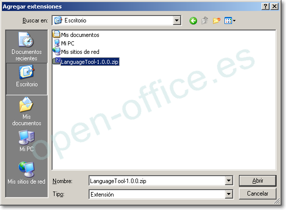 LanguageTool para OpenOffice Diálogo para elegir la extensión, con el archivo LanguageTool-1.0.0.zip del Escritorio seleccionado