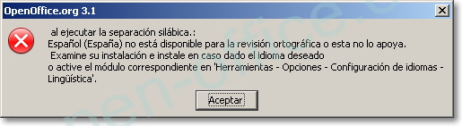 Aviso de OpenOffice 3.1 sobre un error al ejecutar la separación silábica porque el español no está disponible