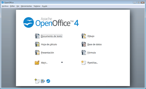 Pantalla de inicio de Apache OpenOffice 4 con los iconos Documento de texto, Hoja de cálculo, Presentación, Dibujo, Base de datos y Fórmula