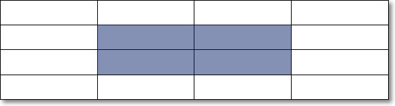 Tabla de Writer de cuatro columnas con las celdas de dos filas y dos columnas centrales seleccionadas