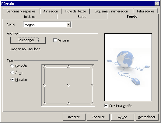 Diálogo Párrafo, pestaña Fondo, con Imagen elegida en el desplegable Como y la vista previa de un globo terráqueo
