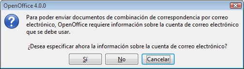Aviso de OpenOffice que pregunta si se desea especificar ahora la información de la cuenta de correo electrónico