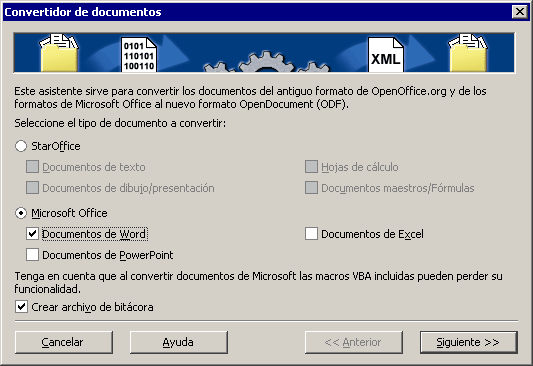 Asistente Convertidor de documentos con Microsoft Office seleccionado y la casilla Documentos de Word marcada