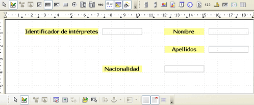 Formulario con las etiquetas Identificador de intérpretes, Nombre, Apellidos y Nacionalidad y sus campos de texto
