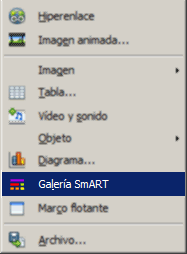 Menú Insertar de Impress con la entrada Galería SmART seleccionada Menú Insertar de Impress con la entrada Galería SmART seleccionada