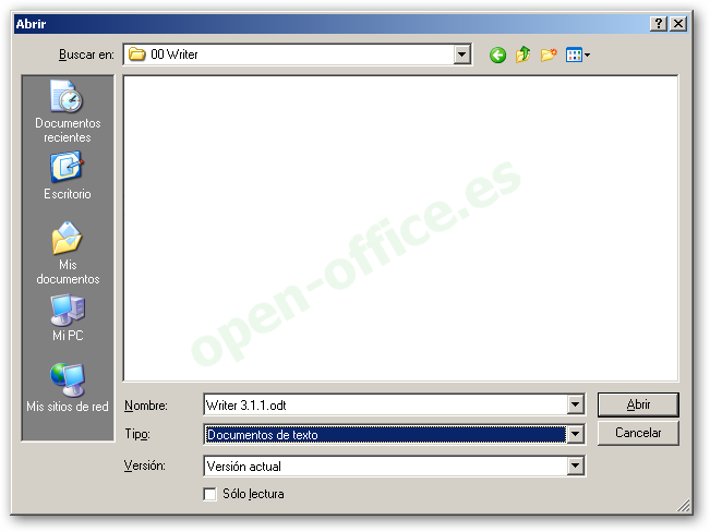 Diálogo Abrir de Writer con el archivo Writer 3.1.1.odt y el tipo Documentos de texto