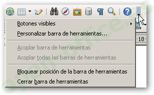 Menú desplegable de una barra de herramientas con Botones visibles, Personalizar, Acoplar, Bloquear y Cerrar barra de herramientas
