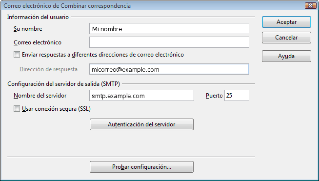 Opciones de correo electrónico para combinar correspondencia con los datos de usuario y servidor SMTP de ejemplo rellenados
