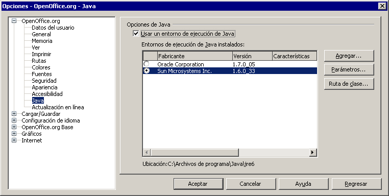 Diálogo Opciones, sección Java, con la lista de entornos instalados: Oracle 1.7.0_05 y Sun Microsystems 1.6.0_33 seleccionado