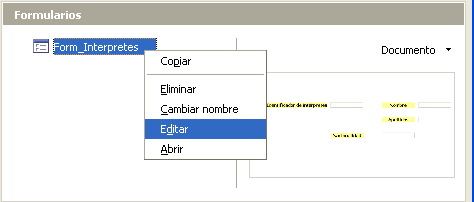Menú contextual del formulario Form_Interpretes con las opciones Copiar, Eliminar, Cambiar nombre, Editar y Abrir