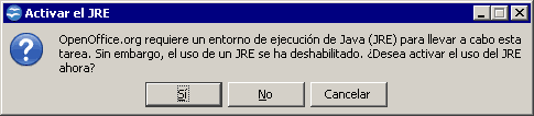 Aviso de OpenOffice que pregunta si se activa el uso del entorno de ejecución de Java (JRE), con los botones Sí, No y Cancelar