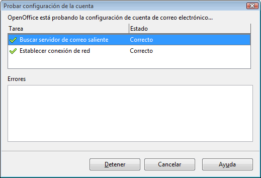 Diálogo Probar la configuración de la cuenta con las tareas Buscar servidor de correo saliente y Establecer conexión de red, ambas Correcto