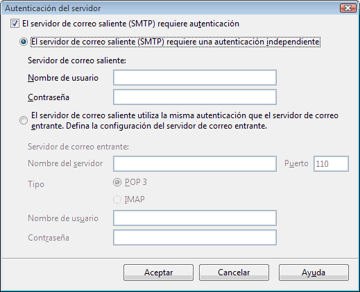 Diálogo de autenticación del servidor de correo saliente SMTP con nombre de usuario y contraseña