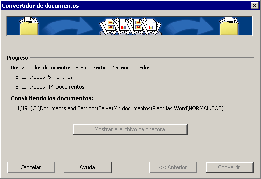 Progreso del Convertidor de documentos: 19 archivos encontrados, 5 plantillas y 14 documentos, convirtiendo el primero