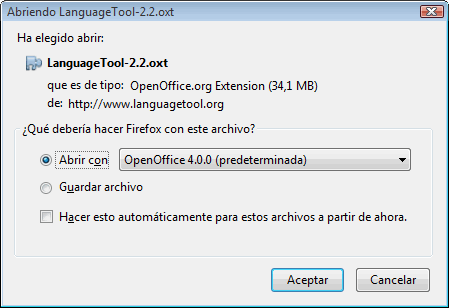 Aviso de Firefox al descargar LanguageTool-2.2.oxt, con la opción Abrir con OpenOffice 4.0.0 seleccionada