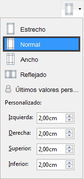 Lista de márgenes con Estrecho, Normal, Ancho y Reflejado y los valores personalizados de 2,00 cm