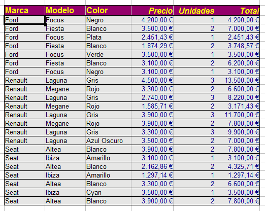 Tabla de coches ordenada por la columna Marca, con Ford, Renault y Seat agrupados y sus filas completas