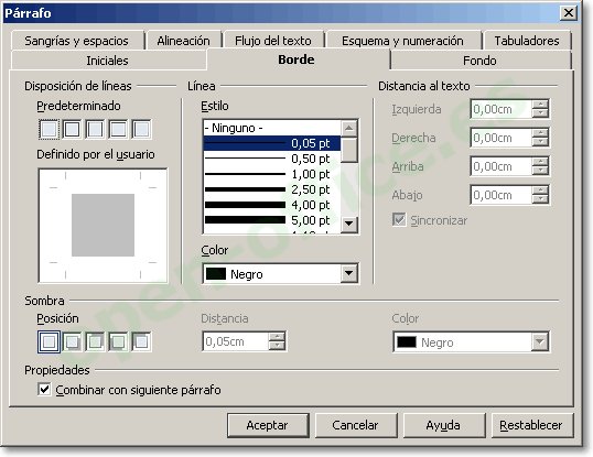 Diálogo Párrafo, ficha Borde, con la disposición de líneas, el estilo, el color, la distancia al texto y la sombra