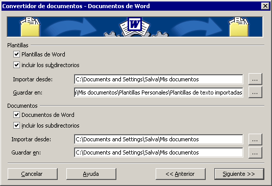 Asistente Convertidor de documentos, paso de Documentos de Word, con las carpetas de origen y destino de plantillas y documentos