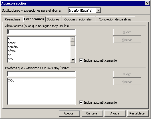 Pestaña Excepciones del diálogo Opciones de autocorrección con las listas de abreviaturas y de palabras que comienzan con dos mayúsculas