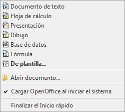 Menú del Inicio rápido con Documento de texto, Hoja de cálculo, Presentación, Dibujo, Base de datos, Fórmula y De plantilla