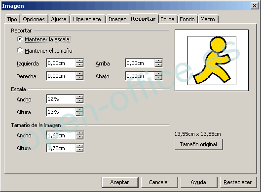 Diálogo Imagen, pestaña Recortar, con un muñeco amarillo, escala del 12 % de ancho y 13 % de alto y tamaño de 1,60 x 1,72 cm