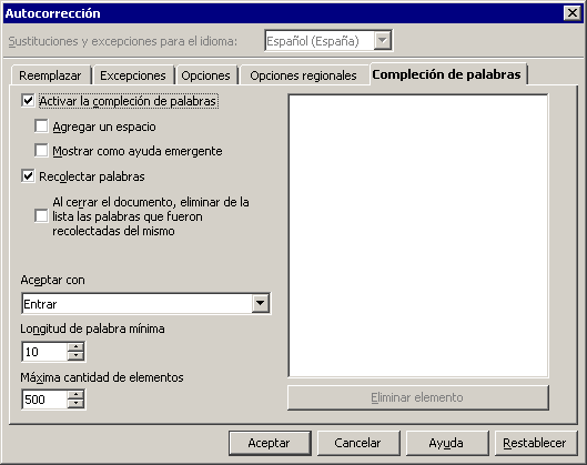 Pestaña Compleción de palabras del diálogo Opciones de autocorrección con la compleción activada y los valores de longitud mínima y máximo de elementos