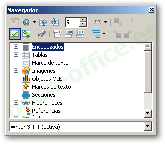Navegador de Writer con Encabezados, Tablas, Marco de texto, Imágenes, Objetos OLE, Marcas de texto, Secciones, Hiperenlaces y Referencias