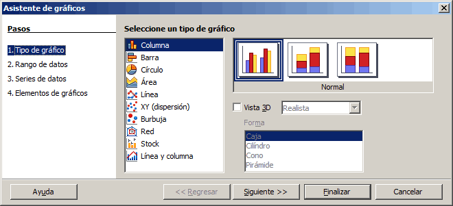 Asistente de gráficos, paso 1: tipo de gráfico Columna seleccionado con el subtipo Normal