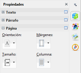 Panel Propiedades de la barra lateral de Writer con el subpanel Página desplegado: orientación, márgenes, tamaño y columnas
