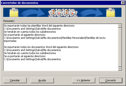 Resumen del Convertidor de documentos con las carpetas de origen y destino de las plantillas y los documentos de Word, y el botón Convertir