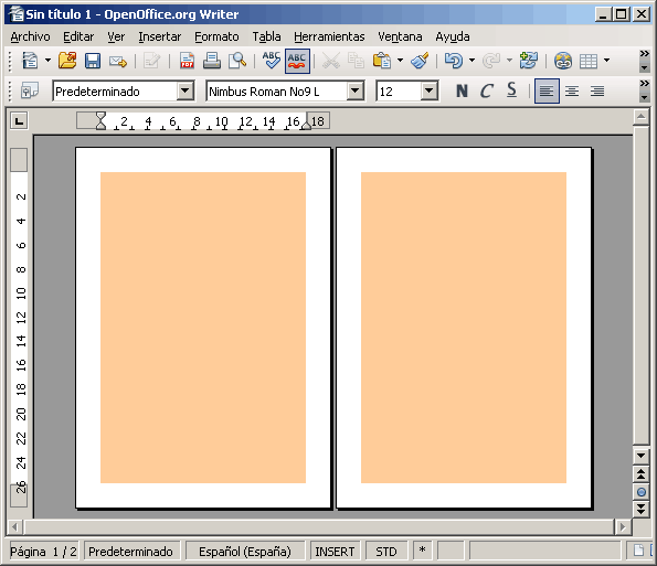 Documento de Writer con dos páginas cuyo fondo de color naranja claro queda dentro de los márgenes