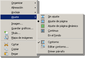 Menú contextual de una imagen con Ajuste y las opciones Sin ajuste, Ajuste de página, Contorno, Editar contorno... y Primer párrafo